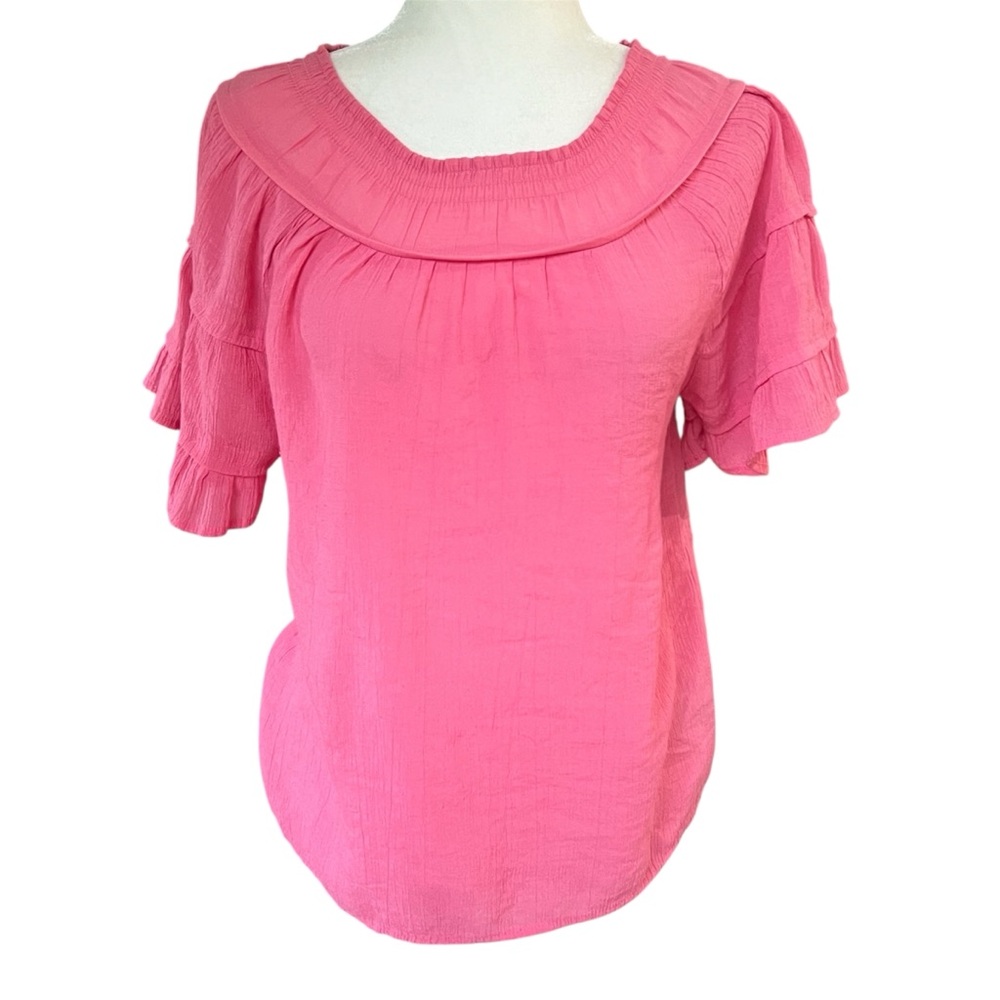 Nanette Lepore pink ruffle sleeve smocked neckline blouse size Medium